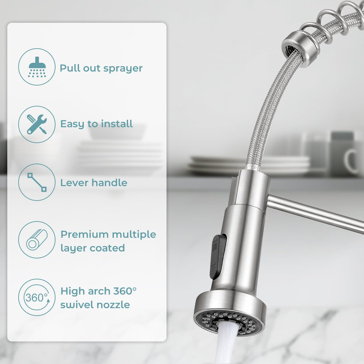 KHQF Kitchen Faucet with Pull Down Sprayer,Commercial Single Handle Stainless Steel Kitchen Faucets with Deck Plate (Brush Nickel)