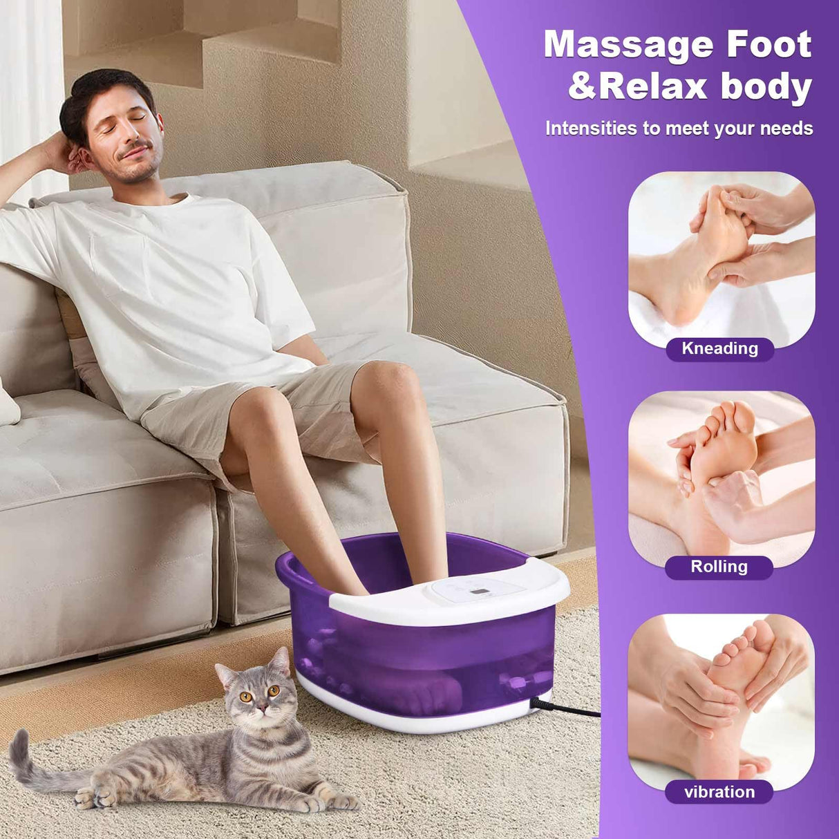 Foot Spa Bath Massager with Heat [2025 Upgraded], Vibration, Temperature Control, Jets, Bubbles and Epsom Salt, Foot Bath Soak Tub with 22 Massage Rollers, Feet Soaking Tub for Relaxation, Purple