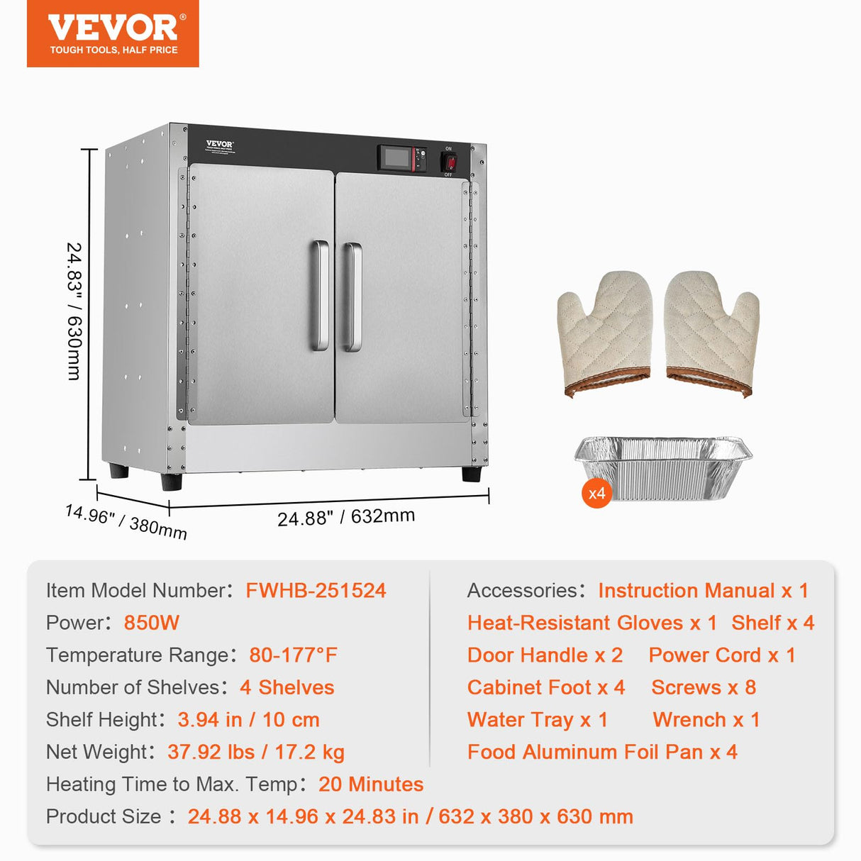 VEVOR Hot Box Food Warmer, 4-Tier Concession Warmer with Water Tray, 4 Pans, Double-Door and Adjustable Shelves, Stainless Steel Food Warmer Cabinet, Ideal for Storing Pizza, Chicken, Restaurant