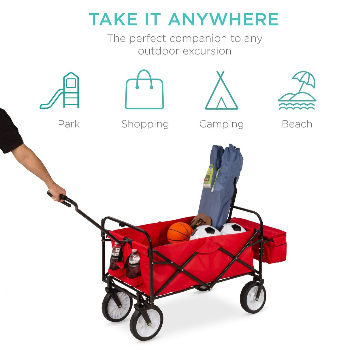 Best Choice Products Collapsible Folding Outdoor Utility Wagon with Canopy Garden Cart for Beach, Picnic, Camping, Tailgates w/Removable Canopy, Detachable Pockets, 150lb Weight Capacity - Red