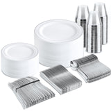 bUCLA 300PCS Silver Disposable Plastic Dinnerware Set - 50 Guests White Silver Disposable Plates Include 50 Dinner Plates,50 Dessert Plates,50 Knives,50 Forks,50 Spoons,50 Cups for Party & Christmas
