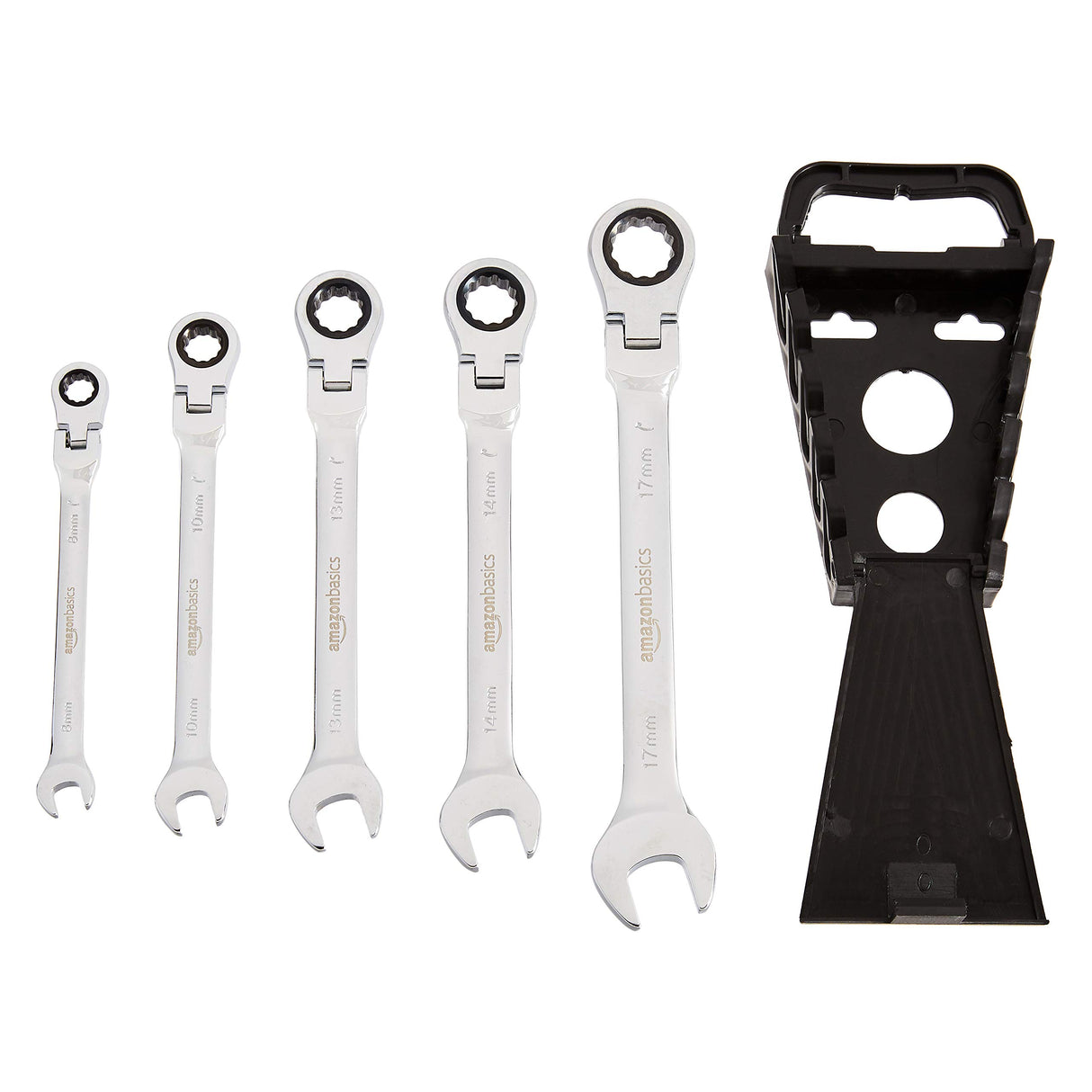 Amazon Basics 72-Tooth Ratcheting Combination Wrench Set, Chrome Vanadium Steel Flex Head, 5-Piece Metric, 180° Flexible