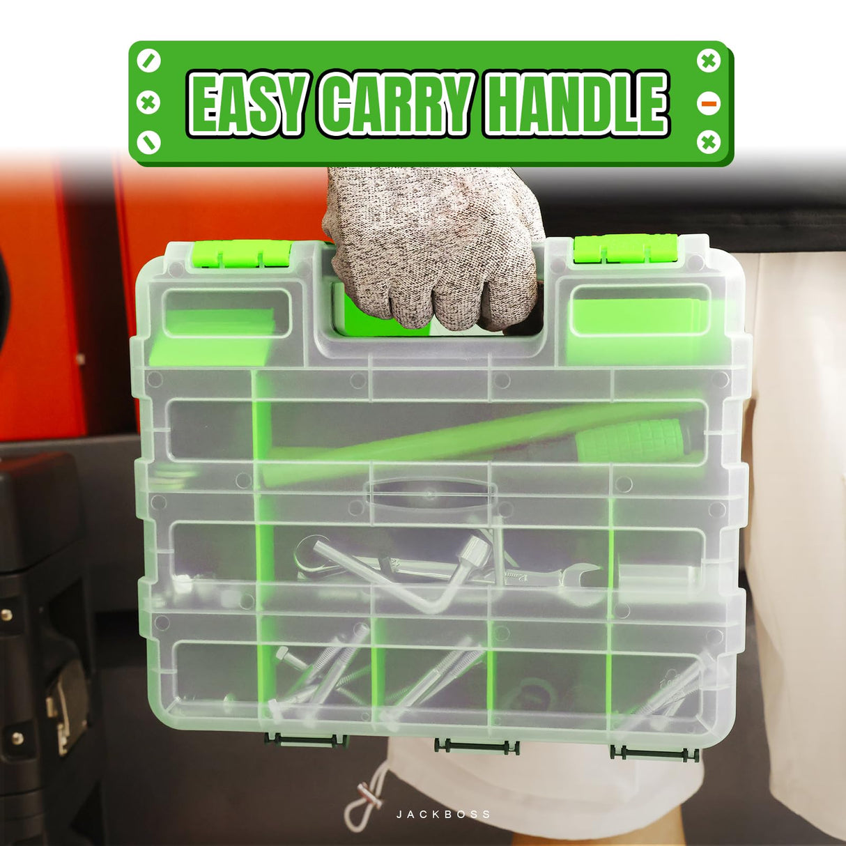 Jack Boss Tool Box with Transparent Lid, Double Side 34-Compartments Organizer Box with Removable Dividers for Hardware, Screws, Bolts, Nails, Beads, Jewelry and Fishing Accessories, Green, 1 Pack