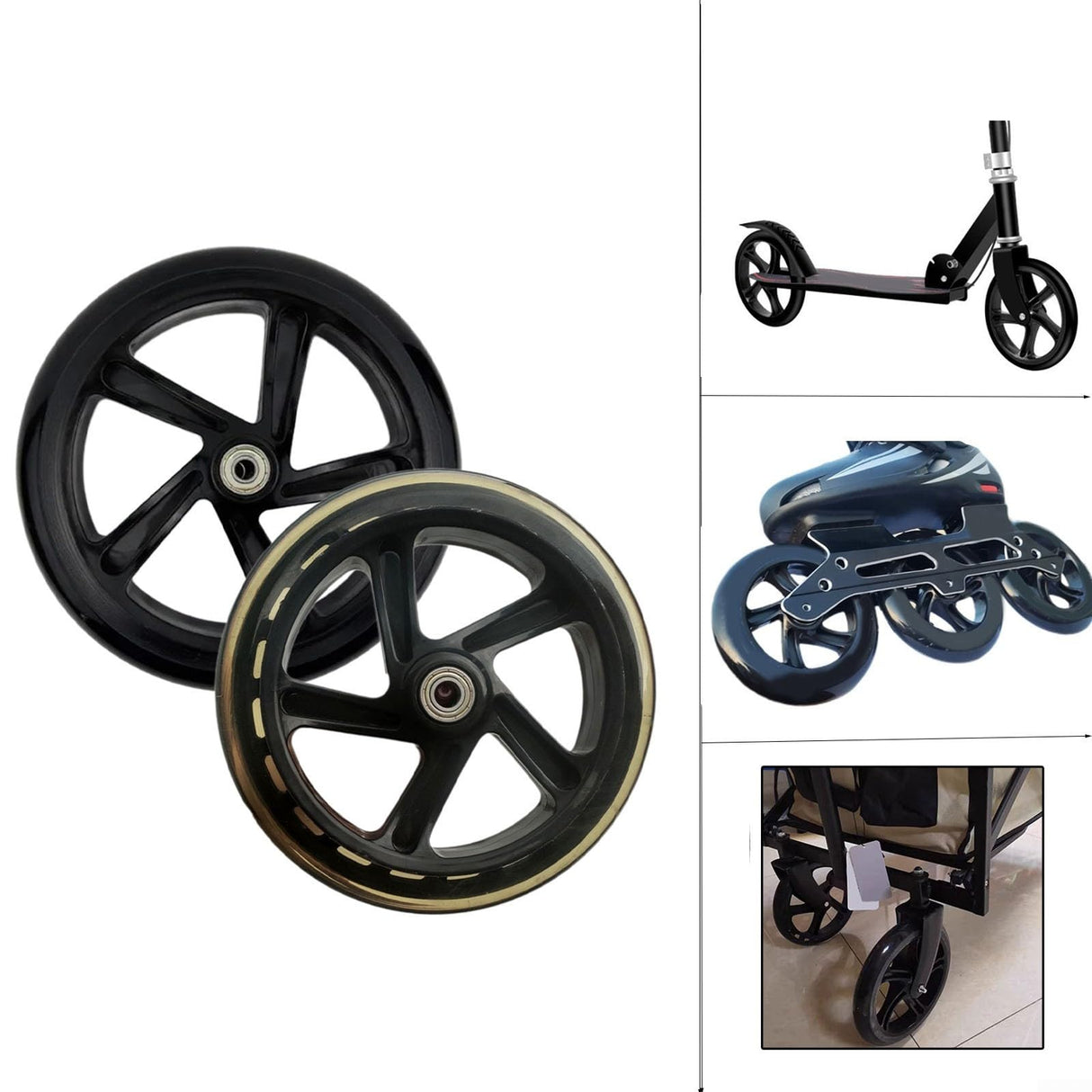 URPIZY Pack of 2 Scooter Tyres Replacement Tyres, 125mm - 200mm Scooter Wheels Pu City Scooter Wheels with Bearings, Skates Wagon Cart Trolley Wheel(180mm*30mm Black)