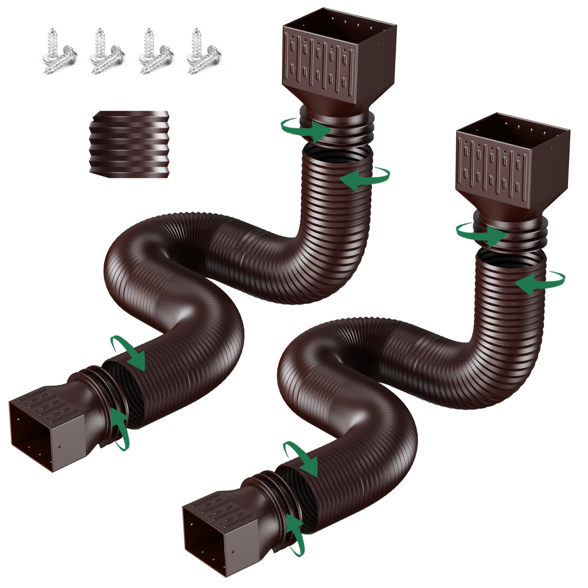 2 Pack Rain Gutter Downspout Extensions, Upgraded Flexible Drain Down Spout Extender for Rain Water Drainage, Each Extendable from 20" to 66", Combine to 10 ft with Connector(Brown)