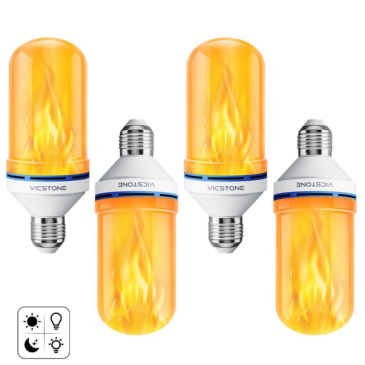 Vicstone Dusk to Dawn LED Flame Light Bulbs Outdoor, 4 Modes E26 Flickering Light Bulbs with Upside Down Effect, Fire Bulb for Halloween Christmas Patio Porch Party Home Indoor Decorations - 4
