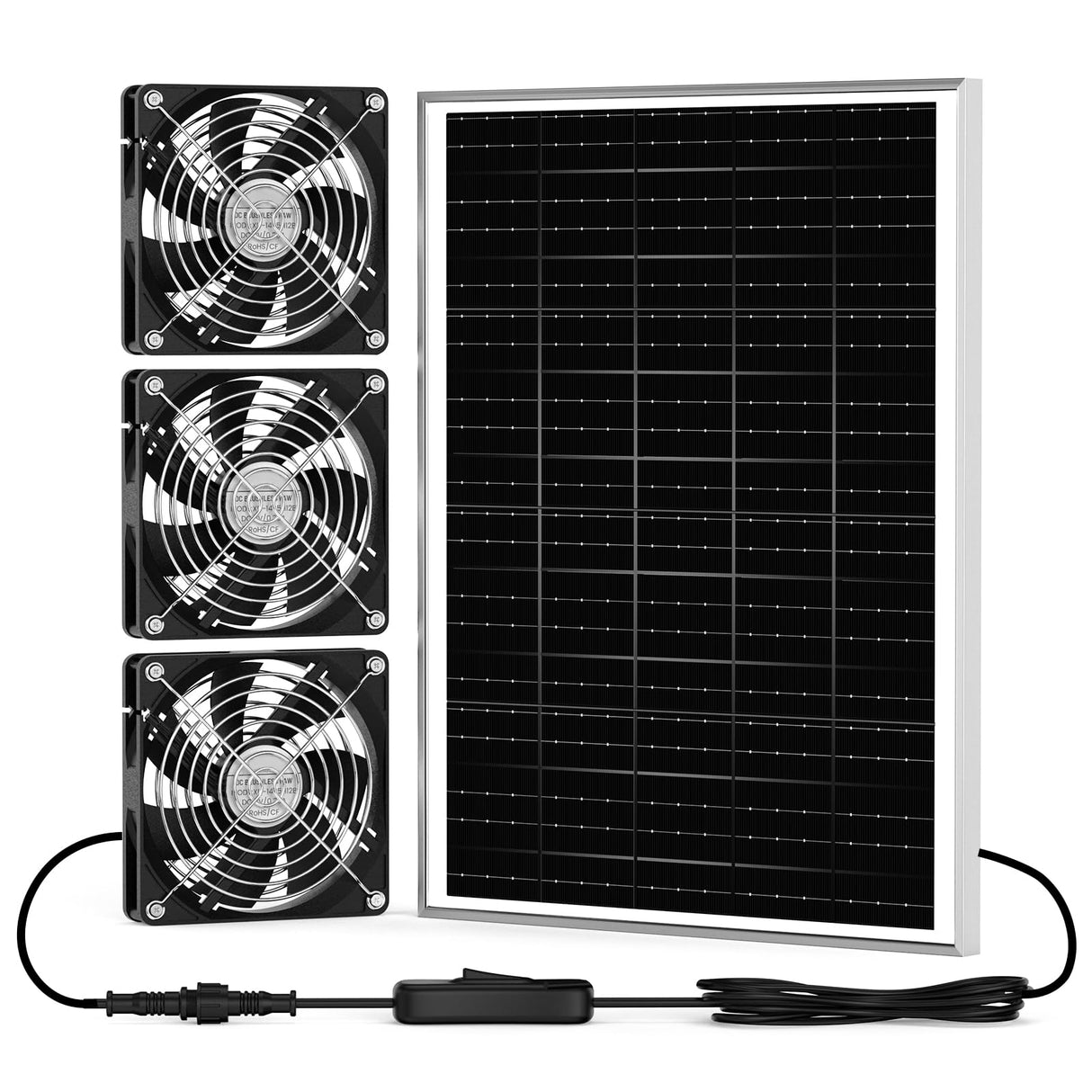 pqins New 5.5" Solar Chicken Coop Fan 3 Kit, 35W Solar Powered Exhaust and Intake Greenhouse Fan Outdoor Waterproof, 16.5ft Cord, Strong Airflow, for Shed Air Circulation and Ventilation, No Battery
