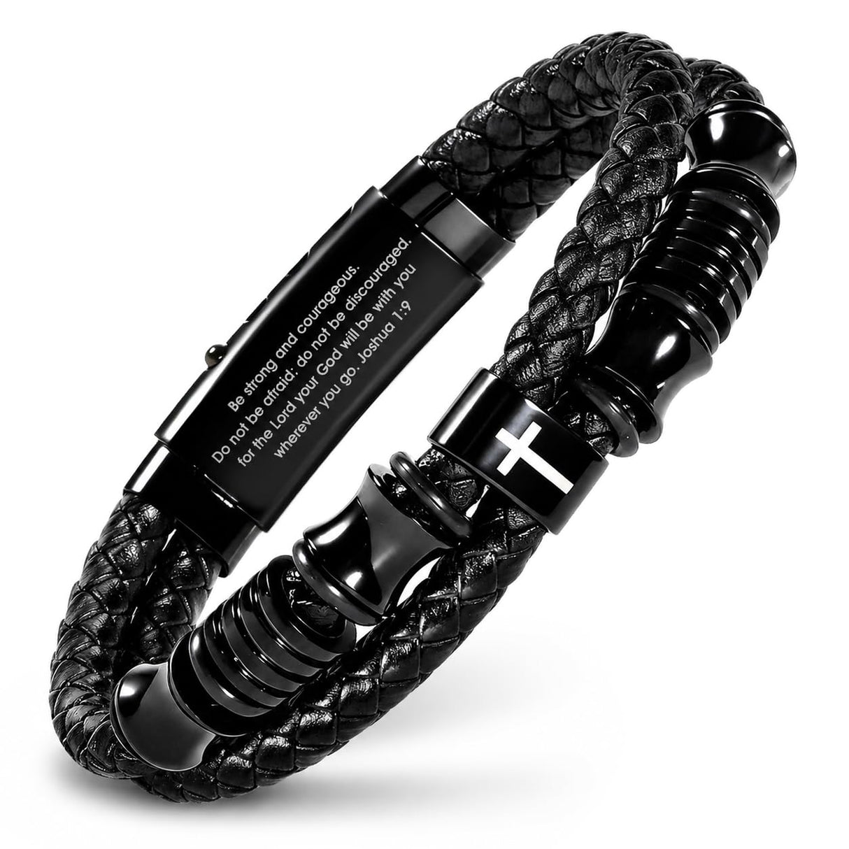 Enjoy Risingsun Bible Verse Christian Bracelet for Men, Adjustable Braided Black Leather Cross Jewelry, Inspirational Religious Faith Gifts for Men, Dad, Son, Husband (Joshua 1:9)