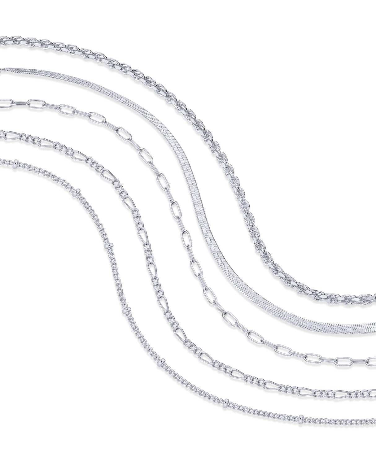 PAVOI Rhodium Plated Chain Bracelet Pack for Women | Jewelry Set of 5 Stackable Bracelets Paperclip Snake Rope Figaro Station Beaded Chains
