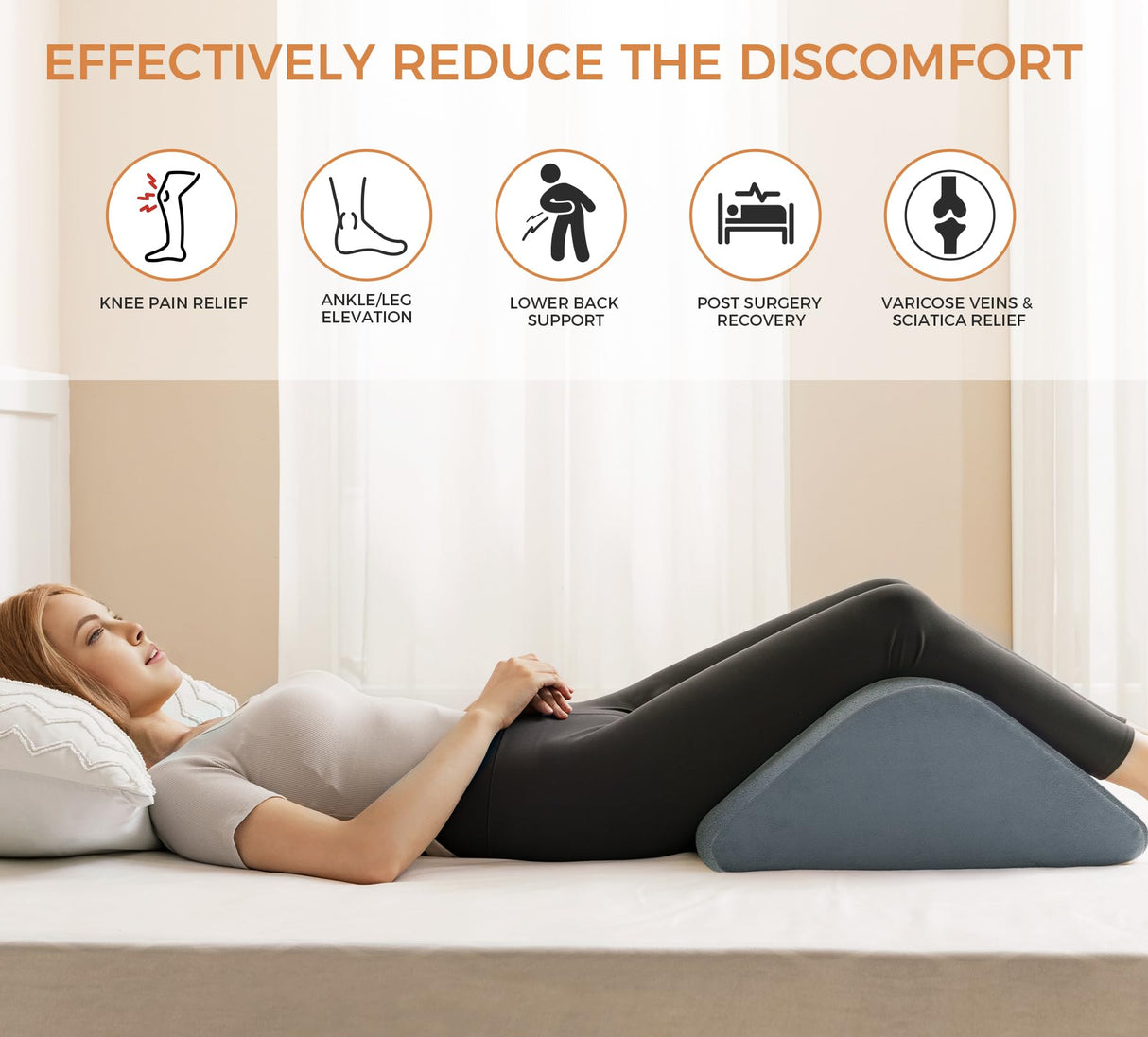 Knee Wedge Pillow 8'' for Post-Surgery Recovery - Leg Elevation Support for Sleep Position, Alleviating Lower Back & Hip Pain Enhancing Circulation in Ankles Legs Triangle Pillow with Removable Cover