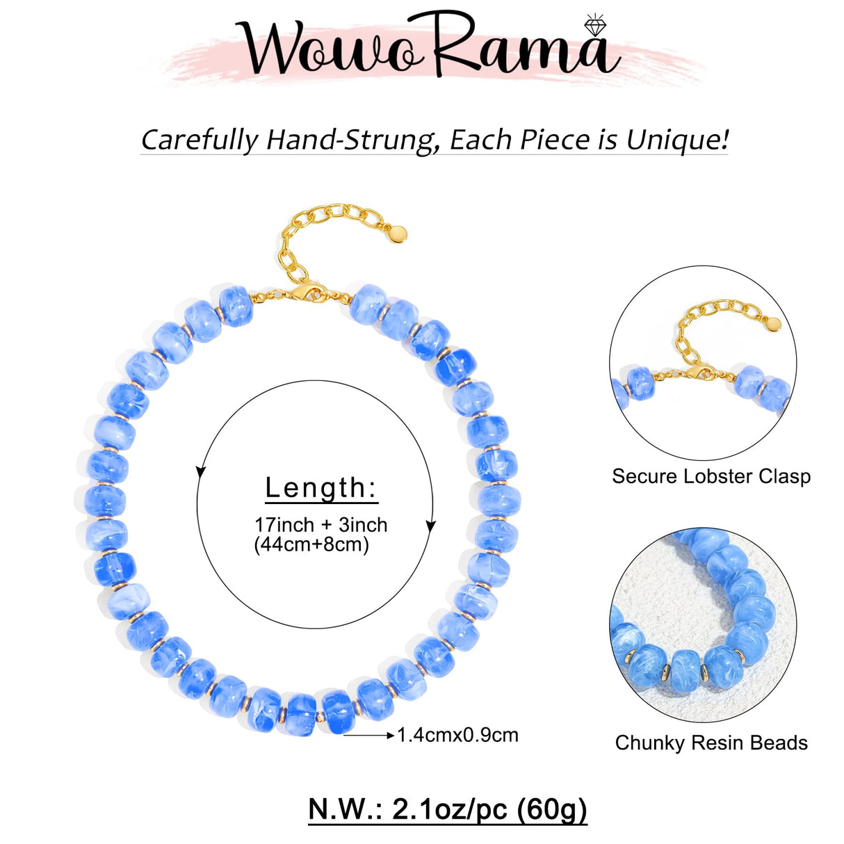 WOWORAMA Blue Beaded Necklaces for Women Light Blue Resin Beads Choker Necklace Statement Chunky Necklace Ocean Summer Vacation Jewelry