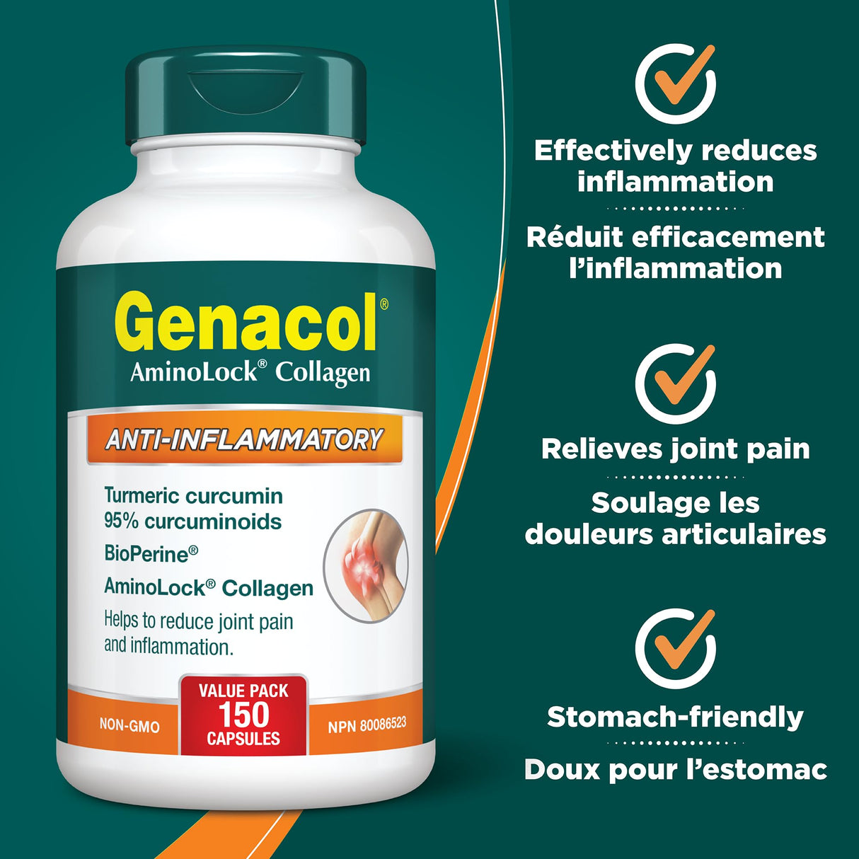 Genacol Anti-Inflammatory – Turmeric Curcumin Supplement with Black Pepper (BioPerine) and Collagen Peptides, Relieves Inflammation and Joint Pain, Value Pack, 150 Capsules (50-Day Supply) MADE IN CANADA