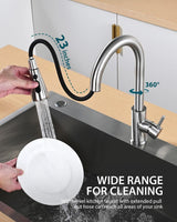 Hiqufet Kitchen Faucet with Pull Down Sprayer, Brushed Nickel High Arc Single Handle Kitchen Sink Faucet for Pot Filler, Stainless Steel Commercial Modern Rv Farmhouse Camper Laundry Bar Sink Faucets