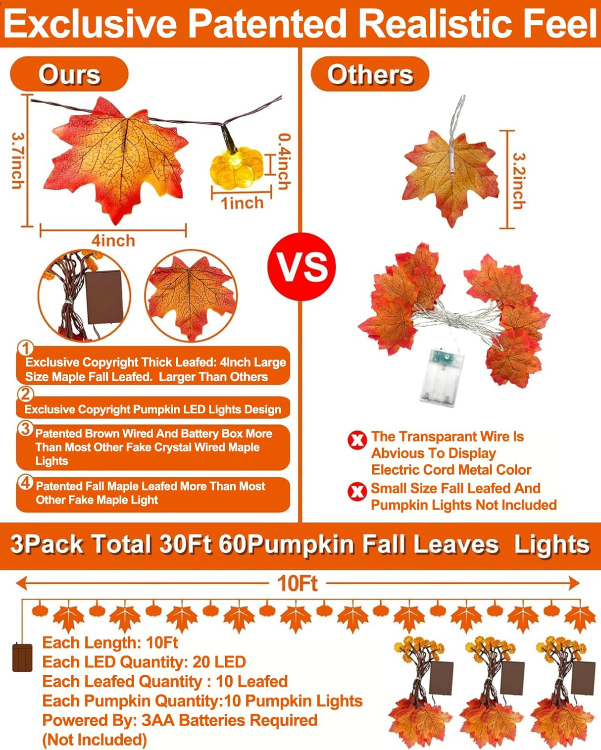 3 Pack&Timer-Fall Garland with Pumpkin Lights Halloween Fall Decorations for Home,30Ft 60LED Halloween Lights Patented Enlarged Maples Leaf Battery Operated Thanksgiving Decor Indoor Outdoor Christmas