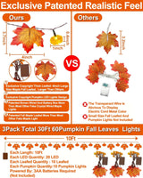 3 Pack&Timer-Fall Garland with Pumpkin Lights Halloween Fall Decorations for Home,30Ft 60LED Halloween Lights Patented Enlarged Maples Leaf Battery Operated Thanksgiving Decor Indoor Outdoor Christmas