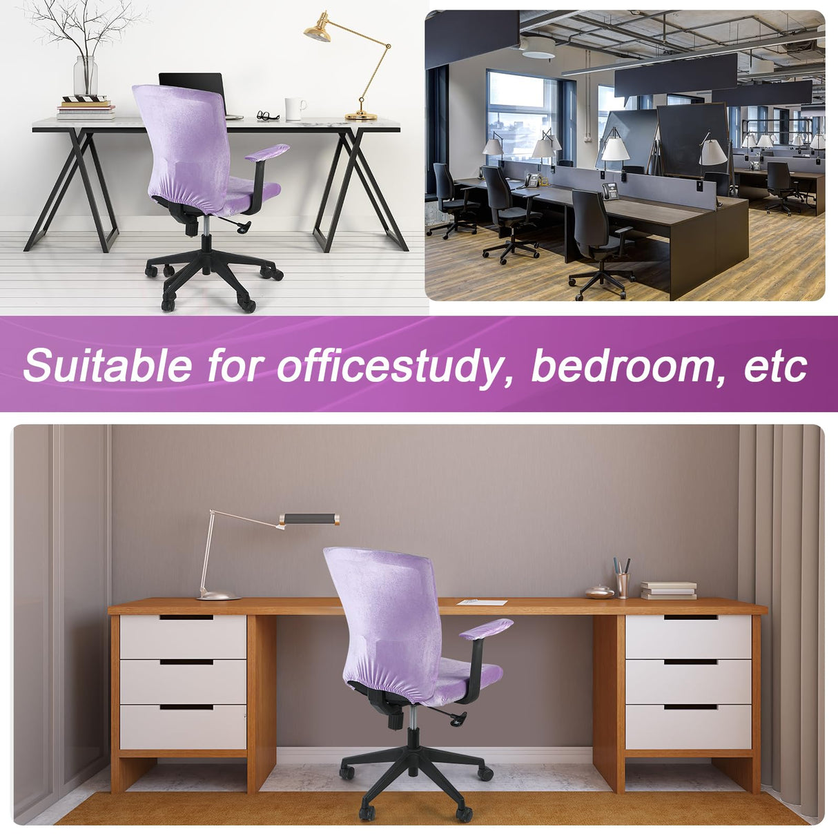 Tallew 4 Pcs Office Chair Covers Set Computer Universal Protective Stretchable Chair Seat Covers Desk Armrest Slipcovers Pads Office Cushion Backrest for Rotating(Purple)