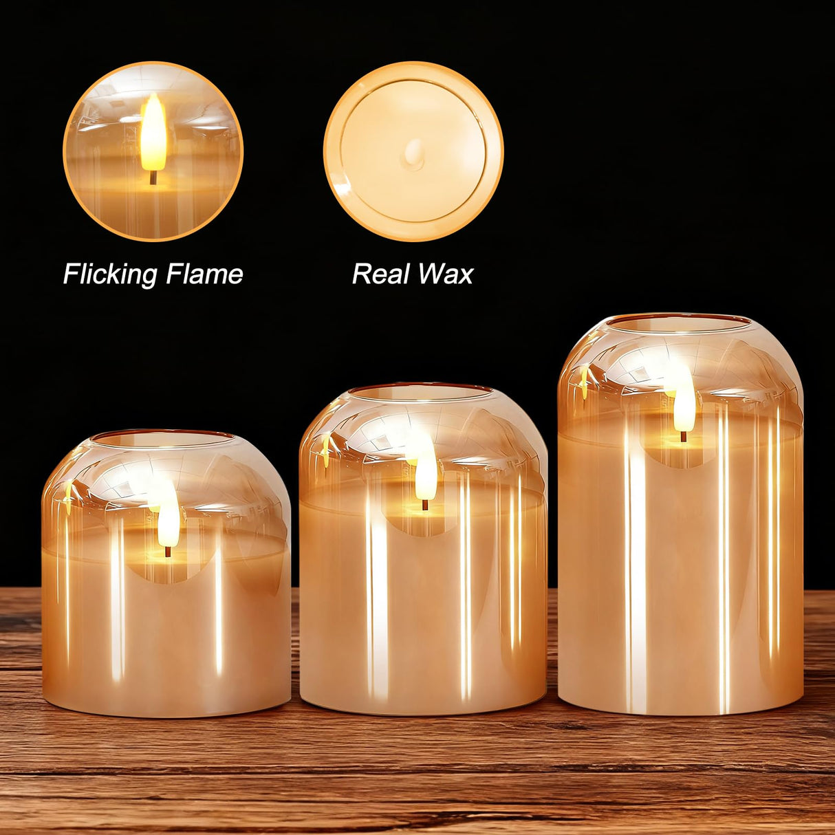 Homemory Glass Flameless Candles, Battery Operated Plliar Candles Realistic Flickering, LED Electric Light with Remote and Timer for Home, Christmas Decoration, Gold, Set of 3