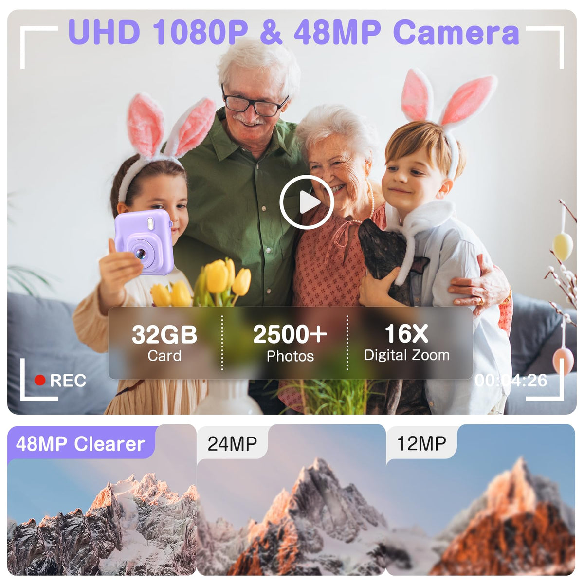 Kids Camera Instant Print, Dual-Lens 48MP Digital Camera,Purple,Aasonida