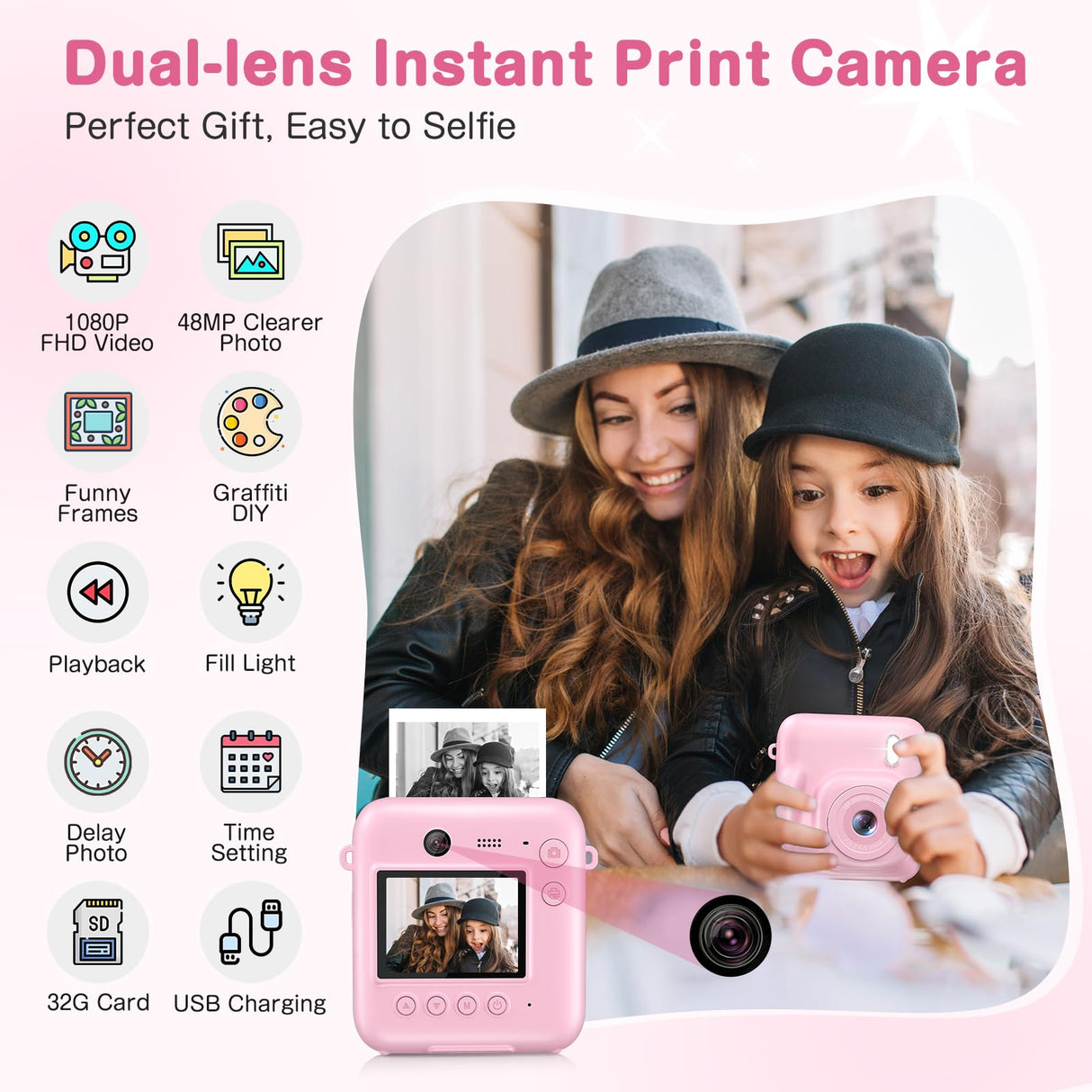 Kids Camera Instant Print, Dual-Lens 48MP Digital Camera for Christmas Birthday Gifts, 1080P Selfie Instant Cameras for Kids with 32GB Card, Instant Print Digital Camera for Girls Boys-Pink