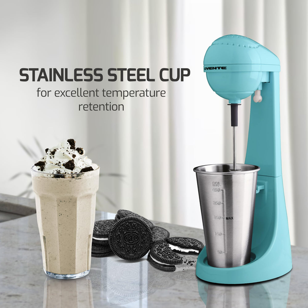 OVENTE Classic Milkshake Maker Machine with 2 Speed Setting, Safety Lock & 15.2 Ounce Stainless Steel Mixing Cup & Rod, Electric Drink Mixer Ideal for Malted Milk, Protein Shakes & More, Blue MS2070BL