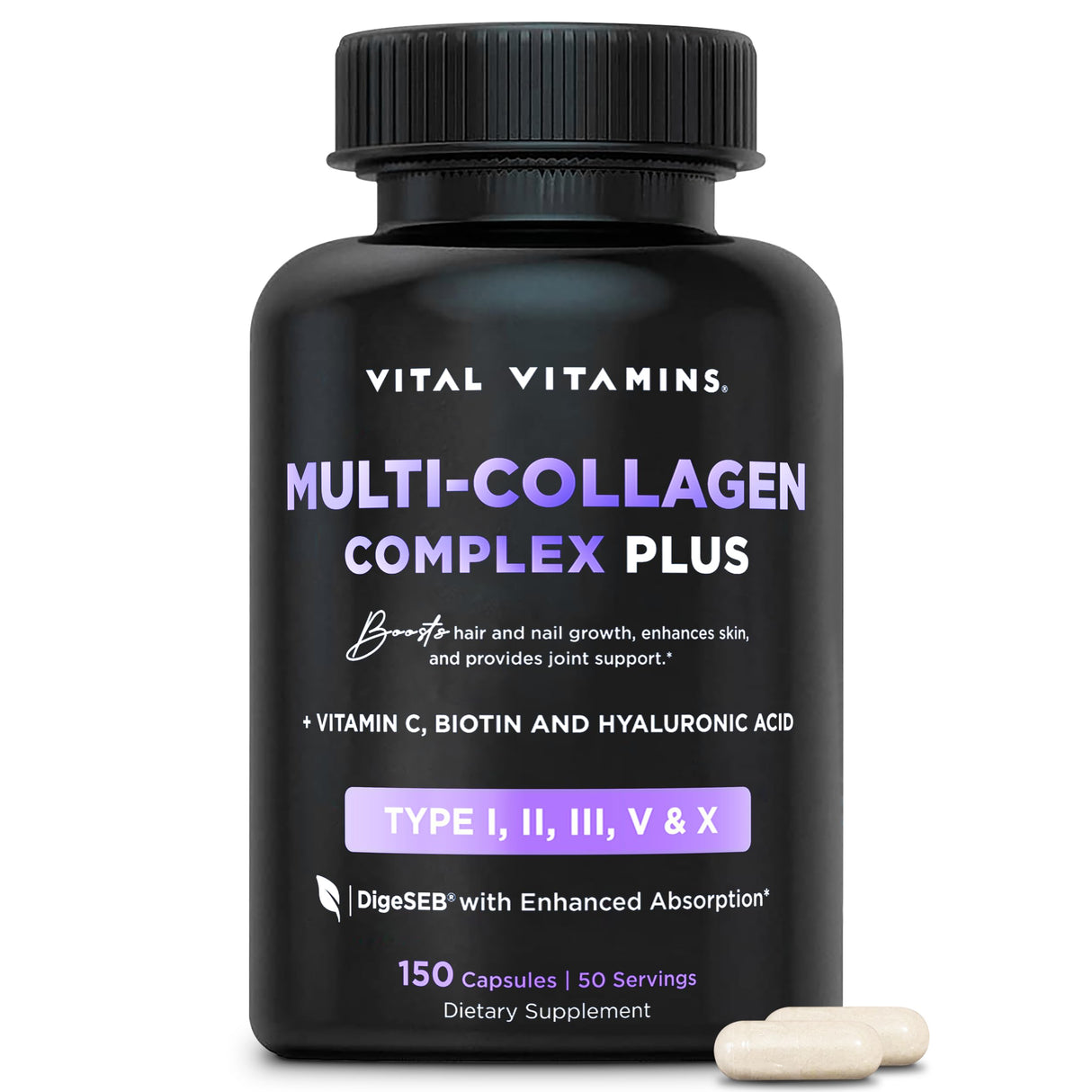 Vital Vitamins Multi Collagen Complex Plus - with Biotin, Hyaluronic Acid, Vitamin C - Type I, II, III, V, X - for Women & Men - Hair, Skin, Nails Beauty Complex - 150 Capsules