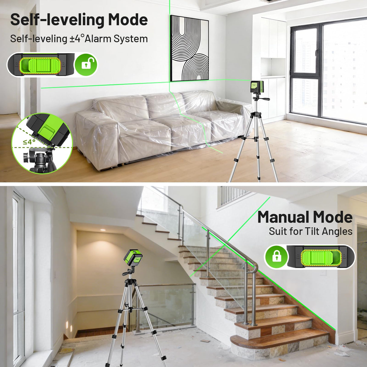 Huepar Laser Level with Tripod,100Ft Self Leveling Green Cross Line Laser for Picture Hanging, Tile, Decoration & DIY Construction – AA Battery&Picture Hanging Strips, Indoor Use