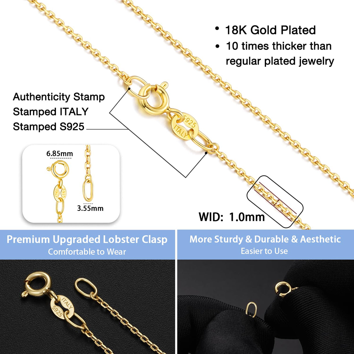 Jewlpire 18K Gold Plated Chain Necklace for Women, 1mm Cable Chain 18K Gold Plated Chain for Women Sturdy & Shiny Women's Chains Necklaces, Necklace Chains 16 Inch