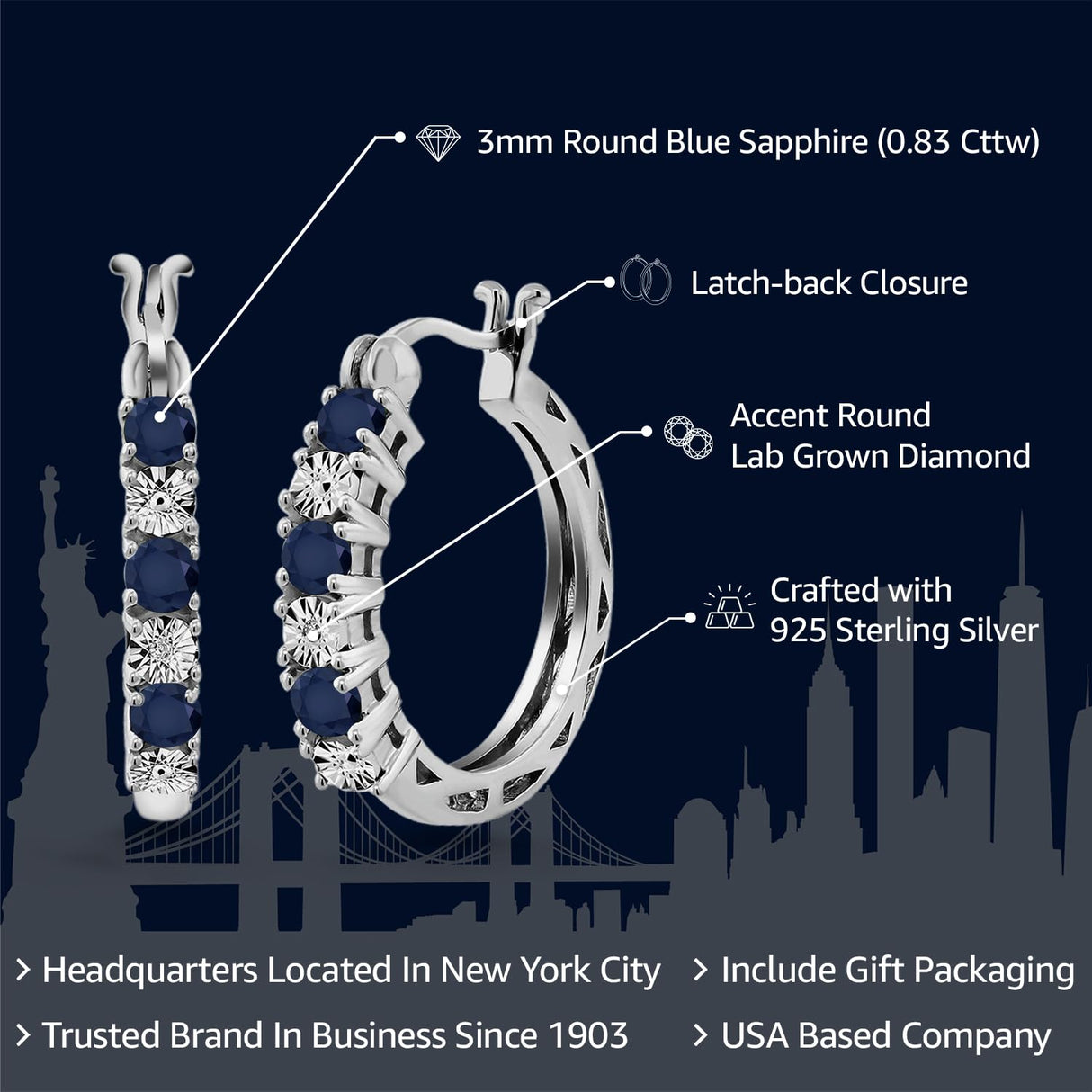 Gem Stone King 925 Silver Blue Sapphire and Lab Grown Diamond Hoop Earrings