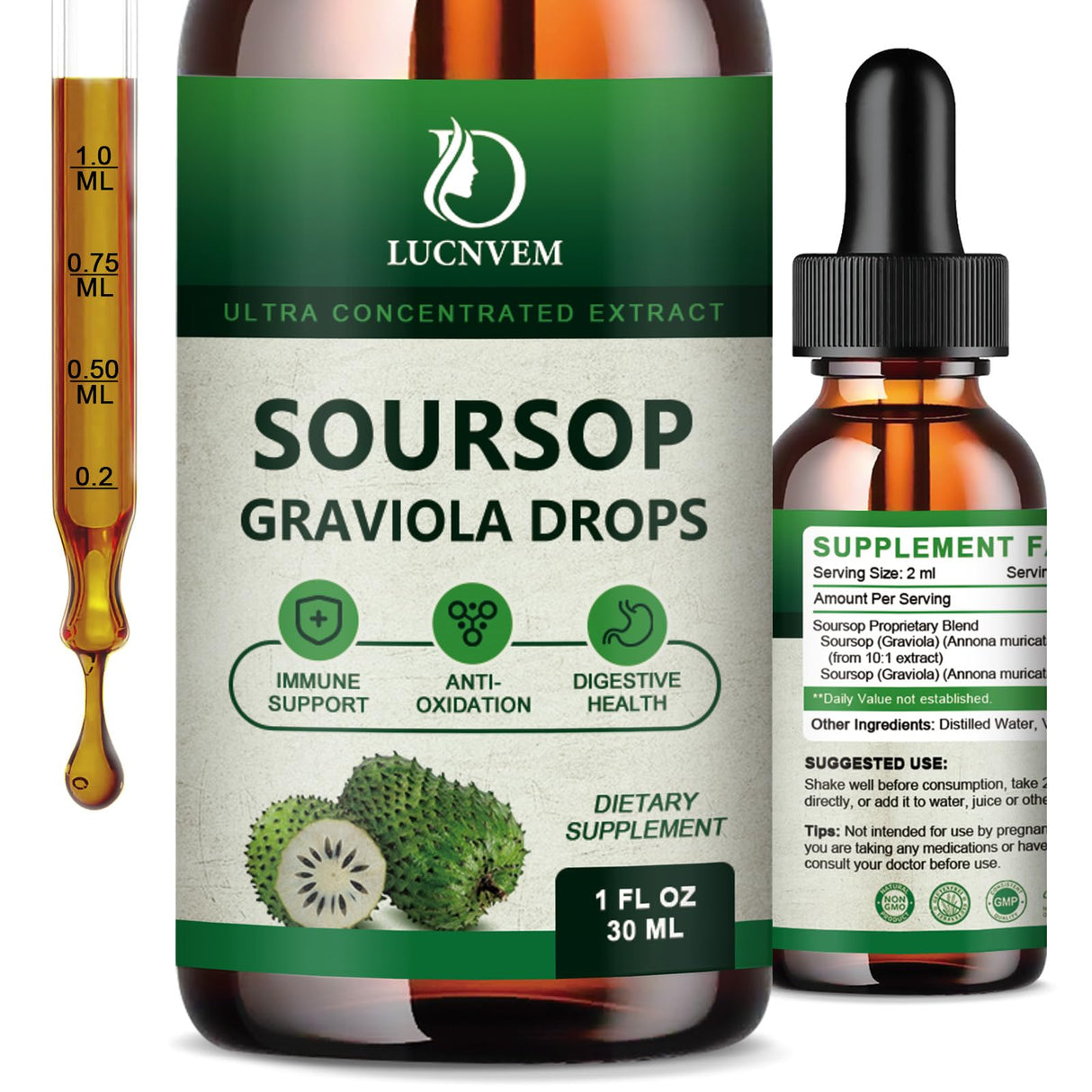 Soursop Graviola Bitters Liquid Drops, Soursop Extract Organic Pure Rich in Multivitamin for Natural Antioxidant, Cell Support & Regeneration, Immune Boost, 4 Fl OZ - 60 Day Vegan Supply