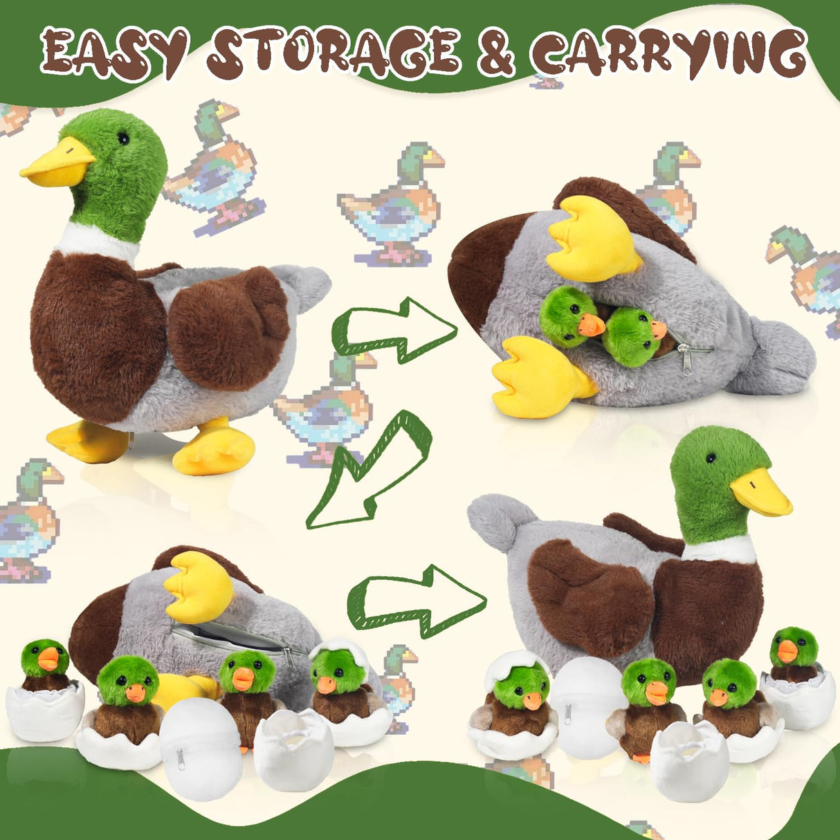 7 in 1 Mallard Duck Stuffed Animals Duck Plush Toys, 12" Zipper Mommy Stuffed Ducks with 4 Baby Ducks Ducklings Toy Eggs Plushies Pillow for Kids Birthday Christmas Surprise Gifts Farm Party Decors