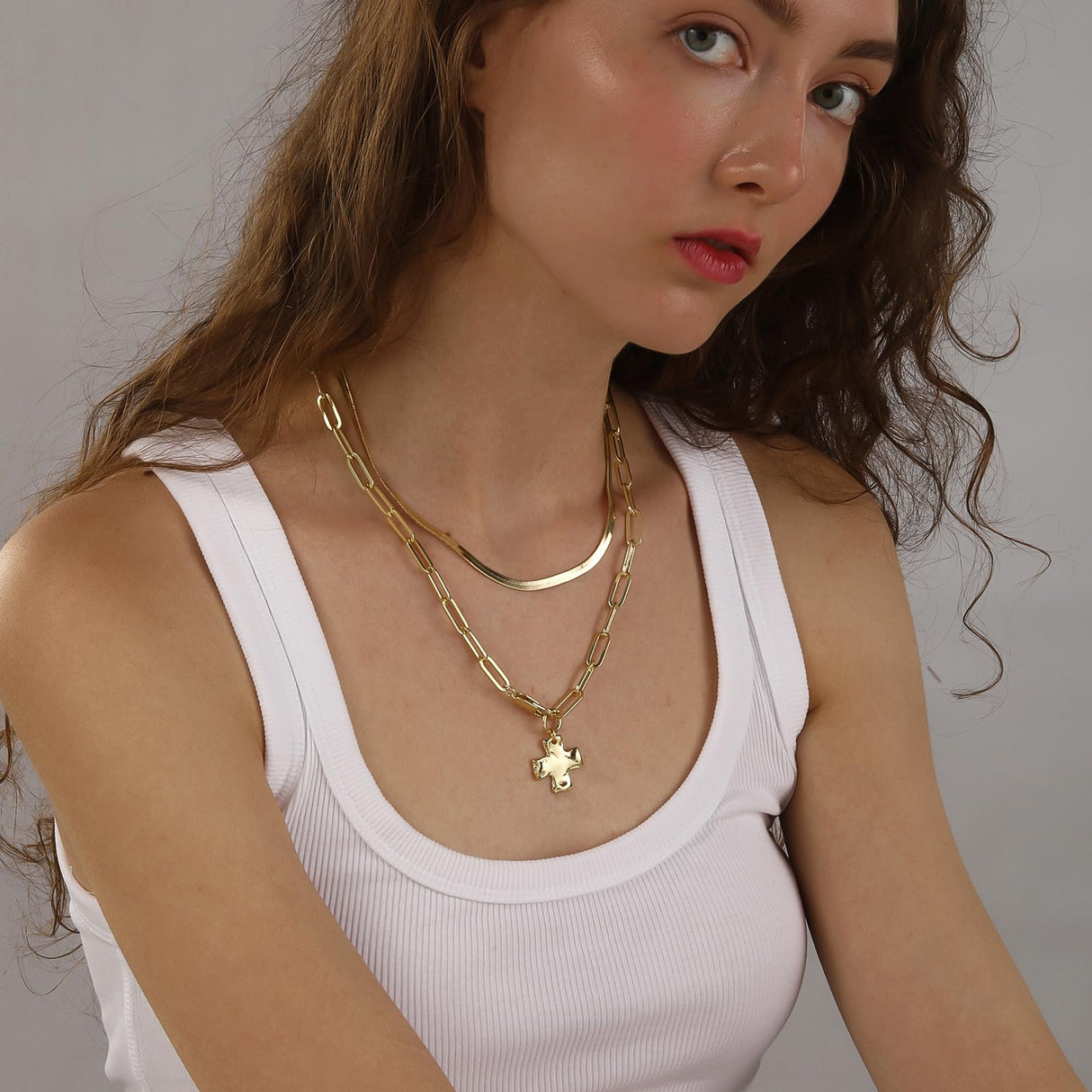 Bheop Chunky Cross Necklace for Women, Gold Layered Herringbone Necklace