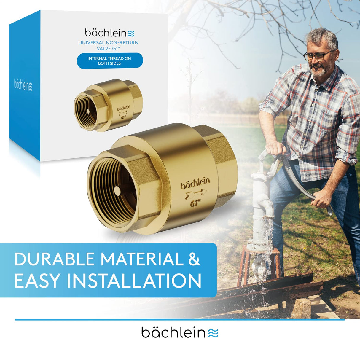 Bächlein Universal Non-Return Valve - Brass Non-Return Valve with G1 Inch Female Thread on Both Sides - Stainless and Watertight Non-Return Valve for a Safe Drinking Water System