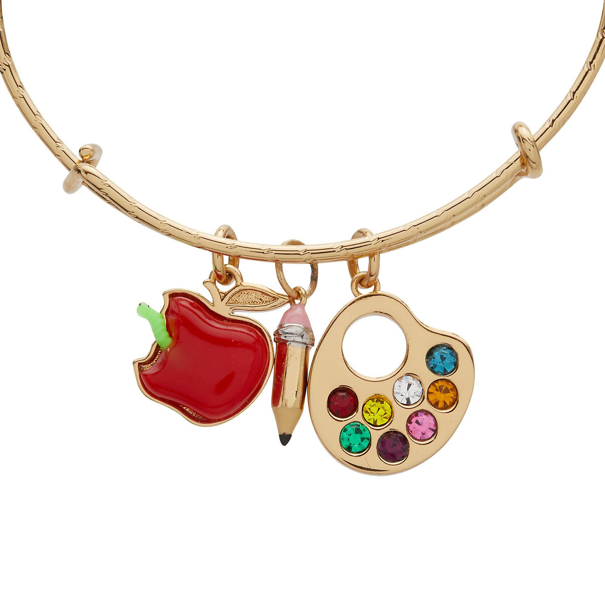Alex and Ani Teacher’s Multi Charm Textured Bangle - School-Inspired Charms: Paint Palette, Pencil, Red Apple, Gold Finish, Cute Bracelets for Women, Easy Stack