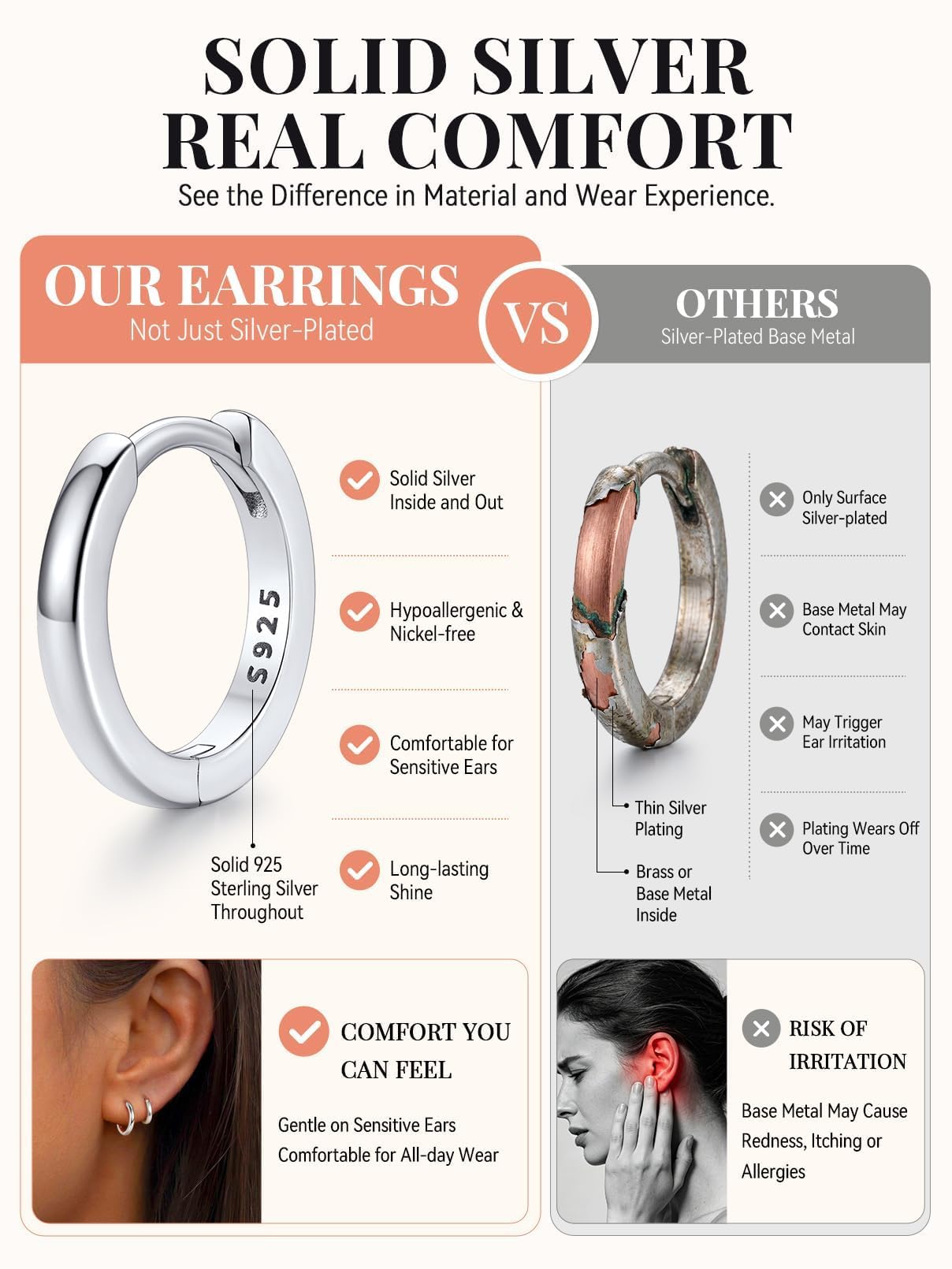 FaithHeart Solid 925 Sterling Silver Huggie Hoop Earrings for Women, 8mm