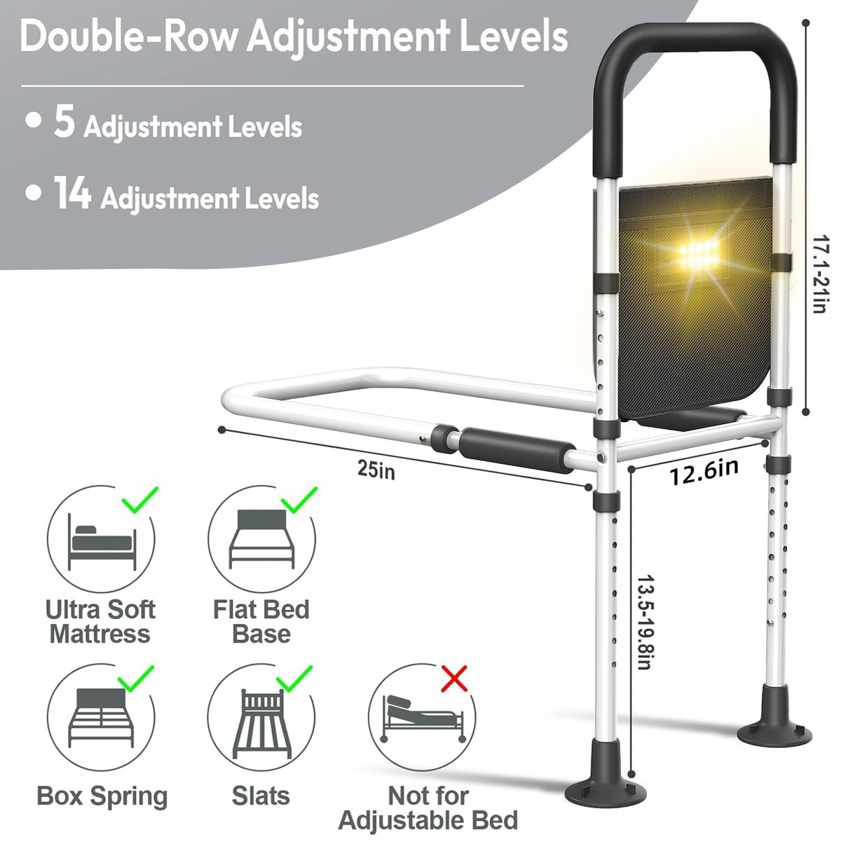 Bed Rails for Elderly Adults Safety: Adjustable Heights Assist Side Bed Rail with Motion Light & Storage Bag - Bed Railing Handle Support Bar Guard Rails Hold up to 350 Lbs for King Queen Full Twin
