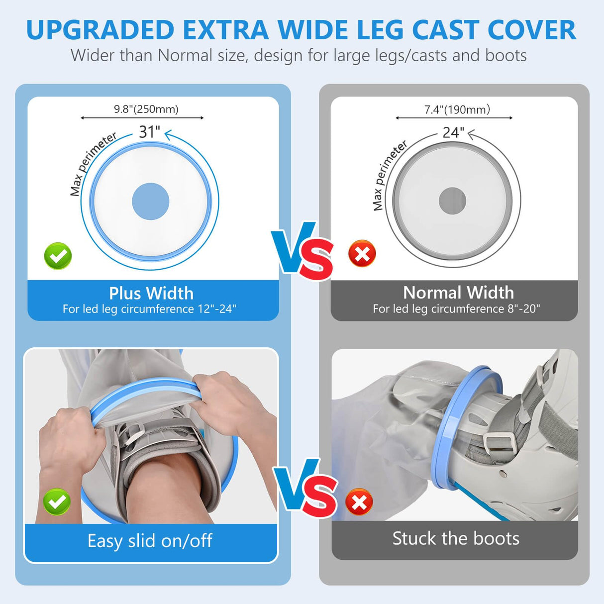 100% Waterproof Extra Wide Leg Cast Cover for Shower with Non-Slip Bottom Reusable Shower Boots Protector for Adult Leg Ankle Foot After Surgery Bandage Dressing Wound Immobilizer/Brace, Walking Boots