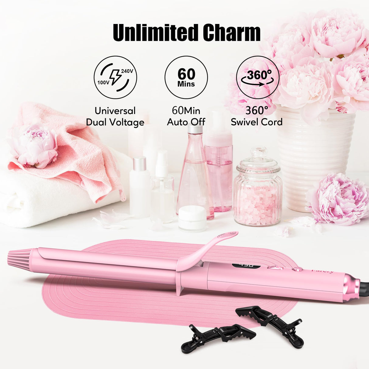 FARERY Long Barrel Curling Iron 1 Inch, Extra Long Curling Iron for Thin Hair, Infused Argan Oil & Keratin, 11 Adjustable Temp, Include Clips & Silicone Pad, Pink