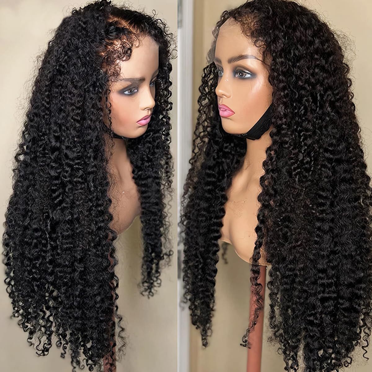 FACMOOD 4C Edges Kinky Curly Lace Front Wigs Human Hair 13x4 HD Transparent Lace Frontal Wigs with Curly Edges Baby Hair, Deep Wave Curl Wig Pre-Plucked Hairline 180% Density 16 inch