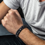 Men's Black Braided Leather Bracelet with Stainless Steel Accents Double-Layer Design Durable Biker Punk Style Wristband Modern Minimalist Fashion Jewelry for Men
