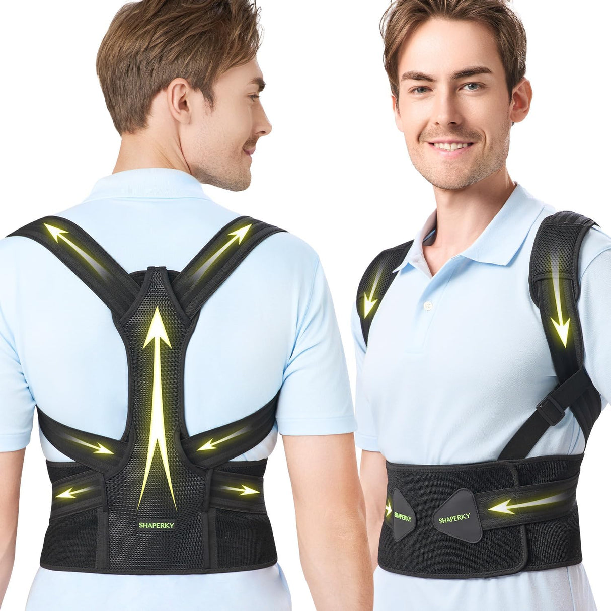 SHAPERKY Posture Corrector for Back Support: Relief Shoulder Lumbar Upper Lower Pain for Hunchback Scoliosis - Adjustable Back Brace for Women & Men (Small/M)