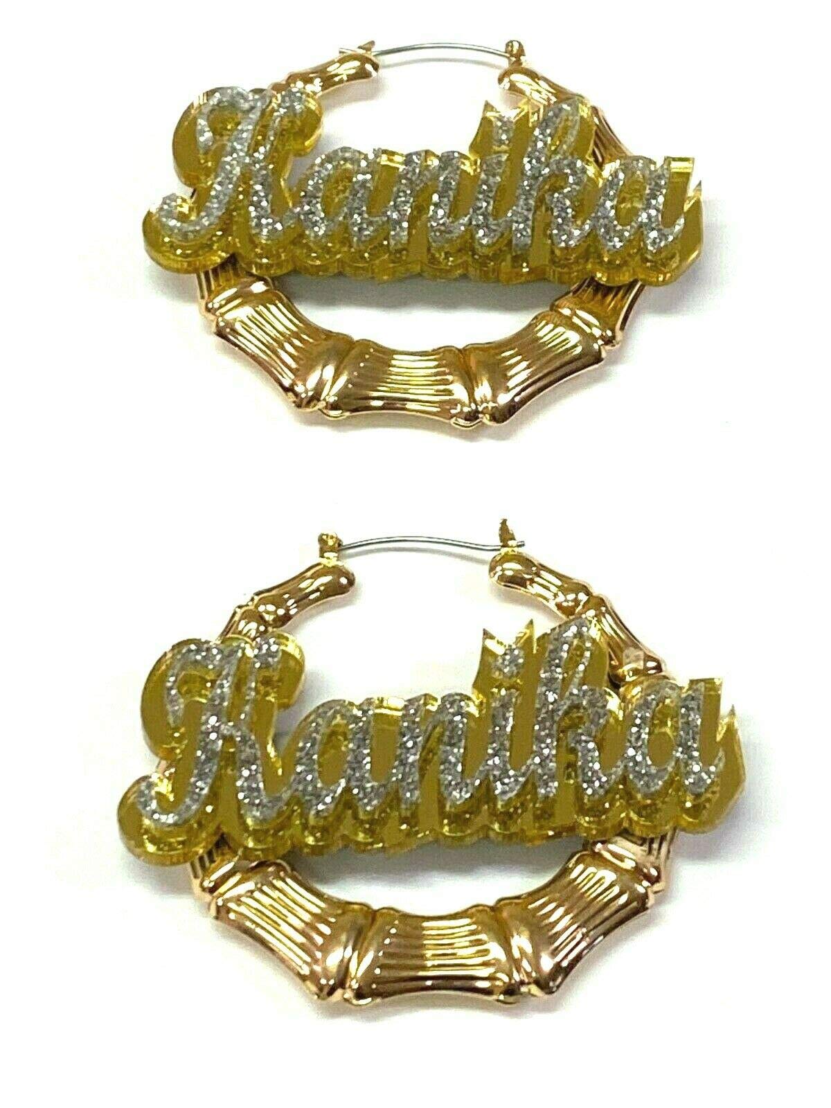 Personalized Custom Gold Hoop Bamboo Earrings Name Plate Laser Cut Design Stunning Look - Quality, Attractive Gold Bamboo Earrings, Made To Order 1.5-3.5 INCHES sizes