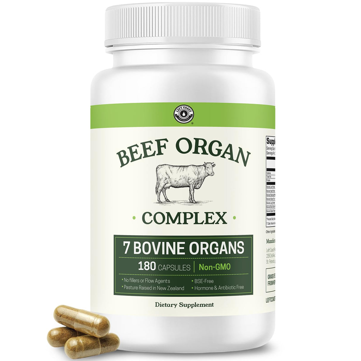 Beef Organ Supplement Grass Fed - 7 Beef Organs Complex from New Zealand - Liver Heart Pancreas Kidney Lung Spleen Bone Marrow - Non-GMO, No Fillers, Hormone & Antibiotic Free - Carnivore Diet - 180ct
