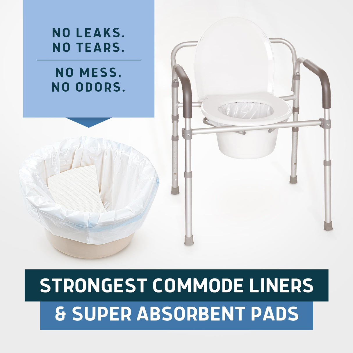 Lunderg Commode Liners with Absorbent Pads - Value Pack Medical Grade 75 Count Universal Fit - Disposable Bedside Commode Liners & Pads for Adult Chairs, Portable Potty Buckets & Camping Toilet Bags