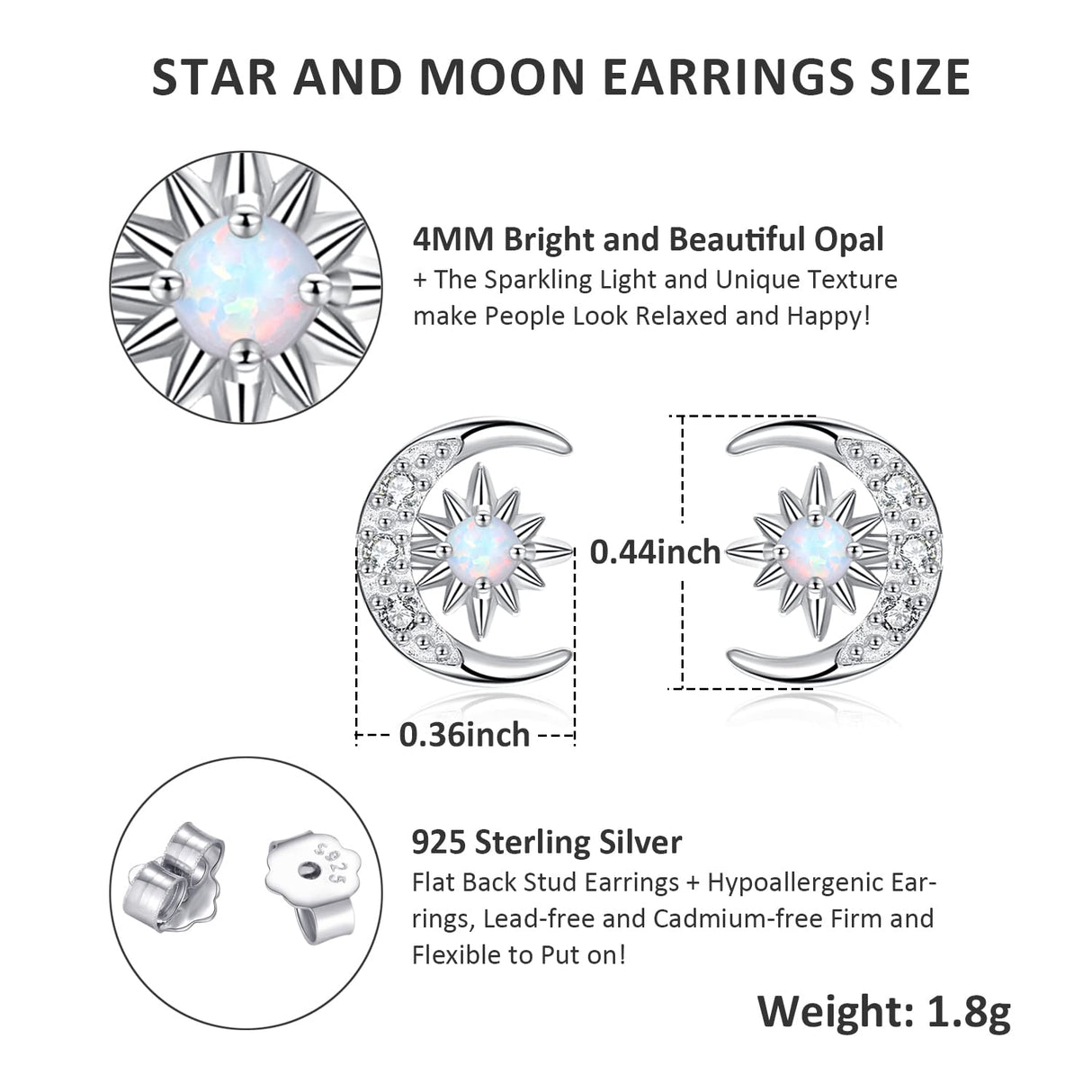 YZSFMZGE Moon and Star Earrings 925 Sterling Silver Opal Stud Earrings for Women - Hypoallergenic Sun and Crescent Moon Jewelry Gift for Sensitive Ears