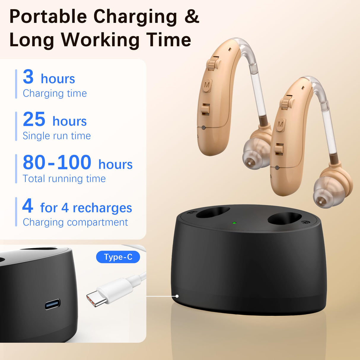 Hearing Aids for Seniors, Hearing Aids Rechargeable with Noise Cancelling and Volume Control, Hearing Amplifier for Adults Hearing Loss, Portable Behind-the-Ear Hearing Aid Headphones (colour of skin)
