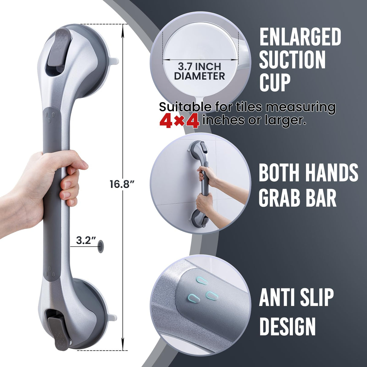 TAILI Shower Grab Bar 2 Pack 16 Inch Suction Grab Bars for Bathtubs & Showers, Heavy Duty Shower Handle Removable Shower Handrails for Elderly and Seniors, No Drilling Waterproof, Silver