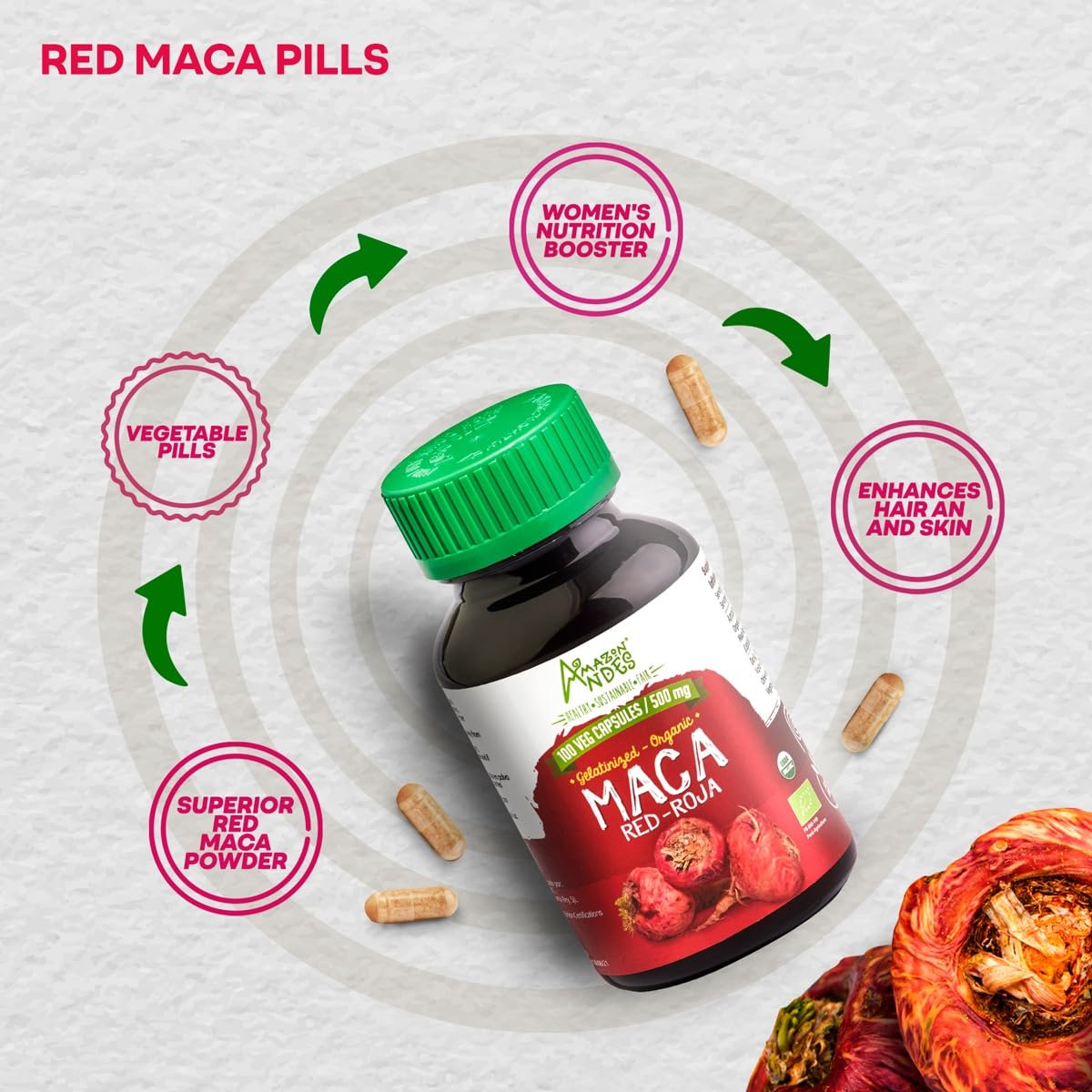 Amazon Andes Red maca Root Capsules - Female Health Supplement - Natural Energizer - USDA NOP Certified - Genitalized, Non GMO & Gluten Free - 100 Vegan Pills (1500mg per Serving) - Made in Peru