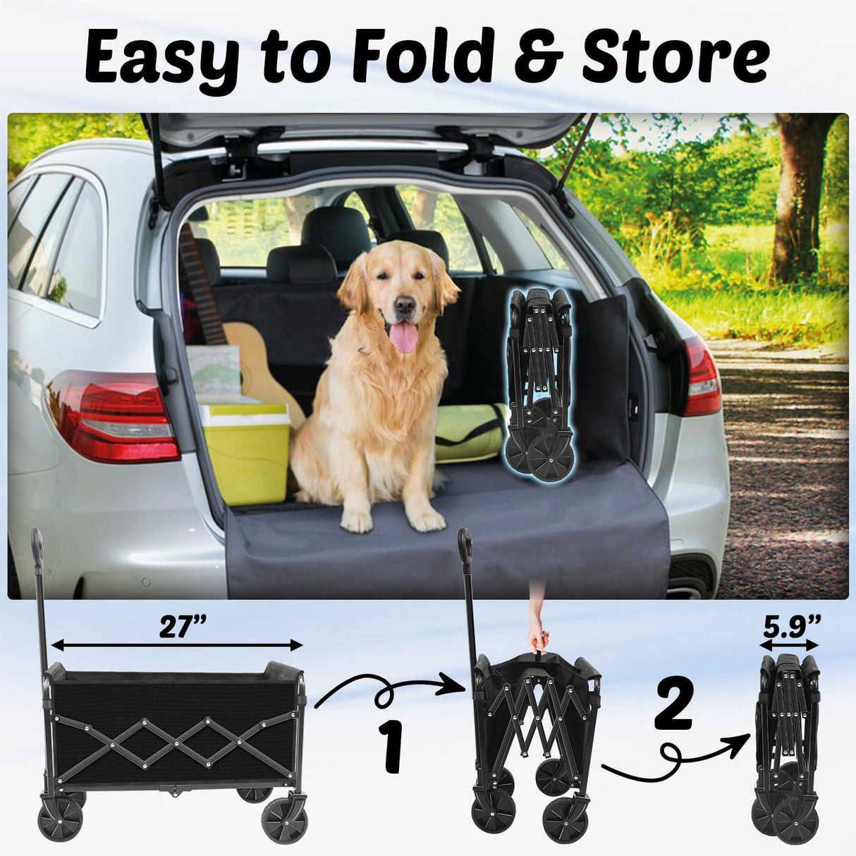 Wagons Carts Foldable, 280 Lbs with Adjustable Handle, Black Lightweight Portable, Collapsible Wagon for Beach Trip, Camping, Shopping, Sports, Travel, Picnic and Grocery (Dark Black)