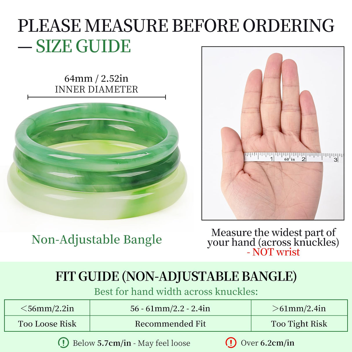 BOZAMBA 3 Pcs Natural Jade Bangle Bracelet for Women, 64mm Good Luck Bangle Wealth Healing Bracelet for Mother Grandmother, Christmas Birthday(light green)