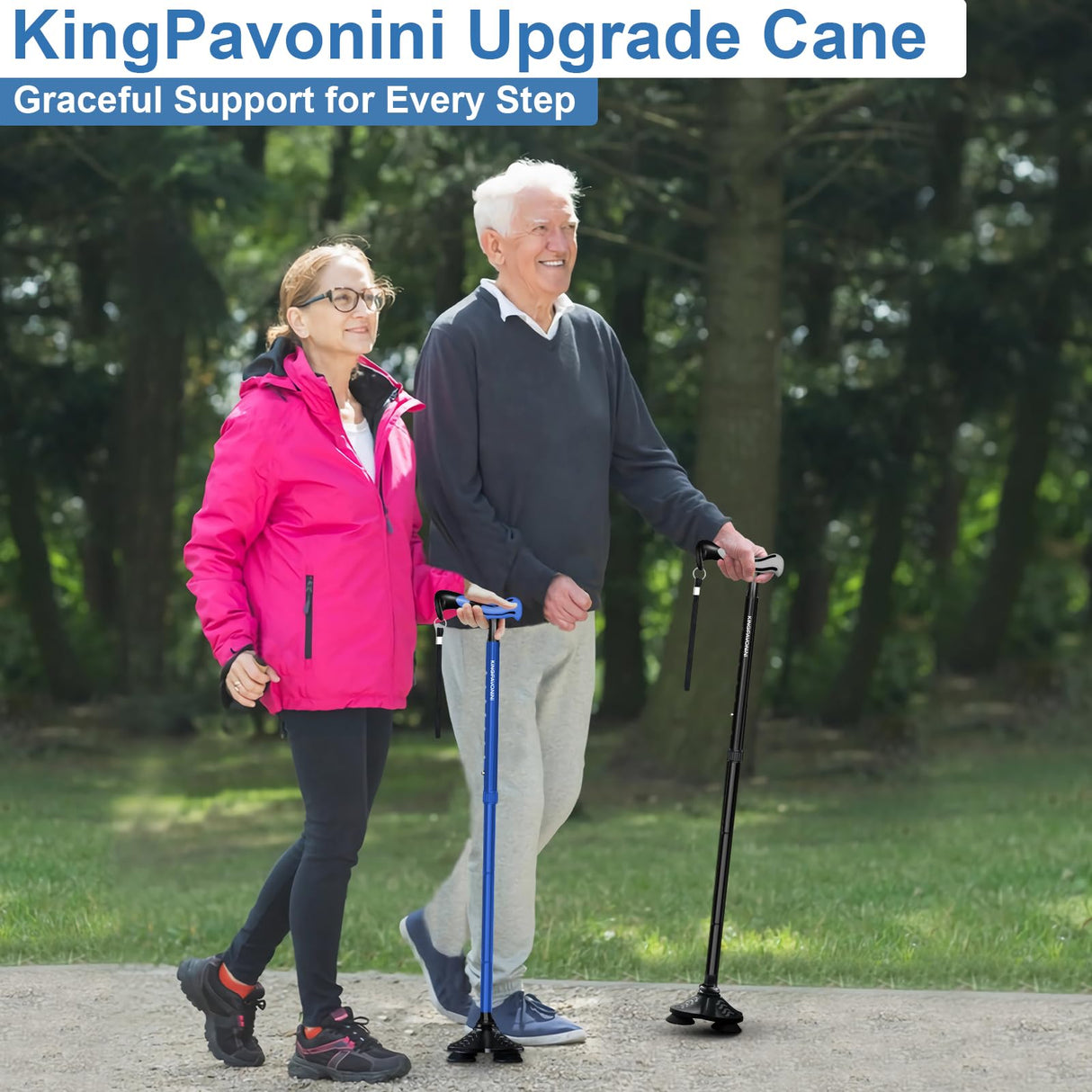 KingPavonini Walking Cane for Men Women Stability, Free Standing Foldable Cane, Ergonomic Handle Pivoting Quad Base, Heavy Duty 350 LBs, Adjustable Walking Canes for Seniors Balance with Travel Bag